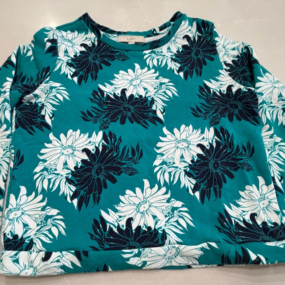 LOFT Turquoise Floral Pattern Crew Sweatshirt, L